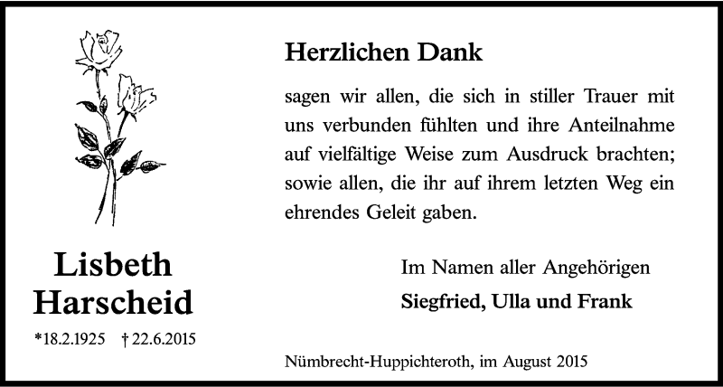  Traueranzeige für Lisbeth Harscheid vom 01.08.2015 aus Kölner Stadt-Anzeiger / Kölnische Rundschau / Express