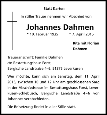Anzeige von Johannes Dahmen von Kölner Stadt-Anzeiger / Kölnische Rundschau / Express