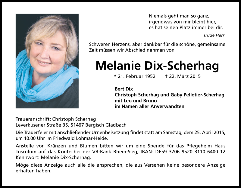  Traueranzeige für Melanie Dix-Scherhag vom 28.03.2015 aus Kölner Stadt-Anzeiger / Kölnische Rundschau / Express