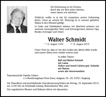 Anzeige von Walter Schmidt von Kölner Stadt-Anzeiger / Kölnische Rundschau / Express