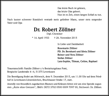 Anzeige von Robert Zöllner von Kölner Stadt-Anzeiger / Kölnische Rundschau / Express