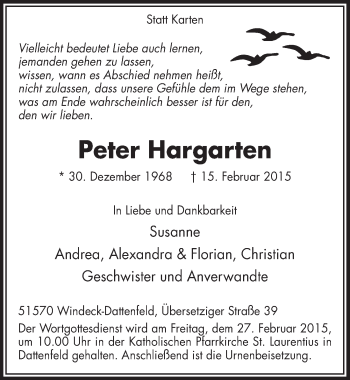 Anzeige von Peter Hargarten von  Lokalanzeiger 