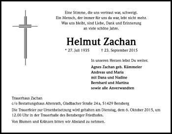 Anzeige von Helmut Zachan von Kölner Stadt-Anzeiger / Kölnische Rundschau / Express