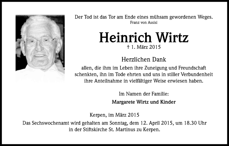  Traueranzeige für Heinrich Wirtz vom 04.04.2015 aus Kölner Stadt-Anzeiger / Kölnische Rundschau / Express