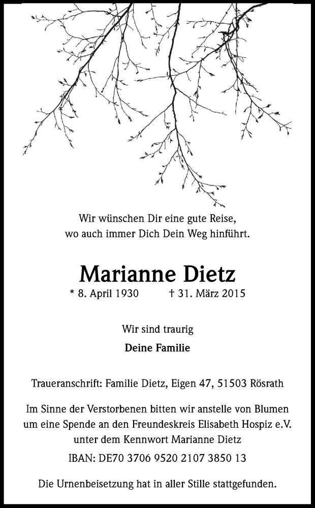  Traueranzeige für Marianne Dietz vom 09.04.2015 aus Kölner Stadt-Anzeiger / Kölnische Rundschau / Express
