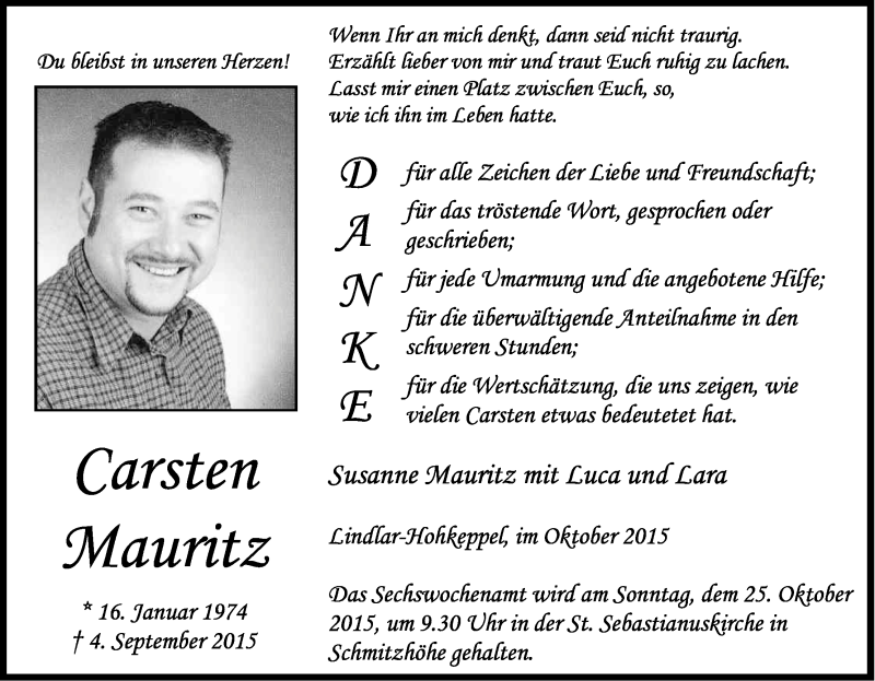  Traueranzeige für Carsten Mauritz vom 24.10.2015 aus Kölner Stadt-Anzeiger / Kölnische Rundschau / Express