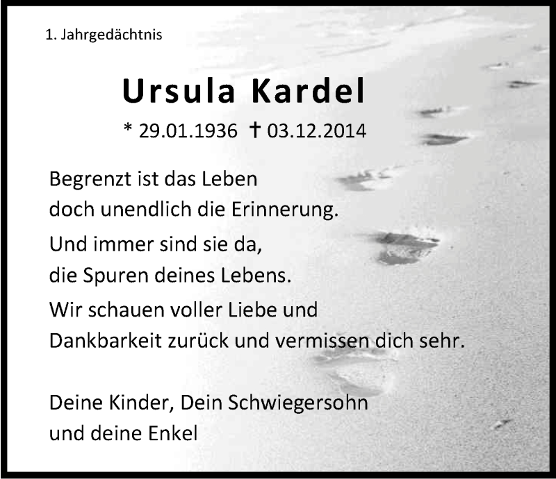  Traueranzeige für Ursula Kardel vom 03.12.2015 aus Kölner Stadt-Anzeiger / Kölnische Rundschau / Express