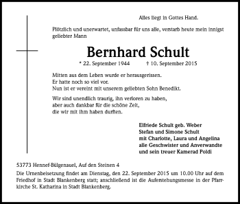 Anzeige von Bernhard Schult von Kölner Stadt-Anzeiger / Kölnische Rundschau / Express