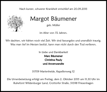 Anzeige von Margot Bäumener von  Anzeigen Echo 