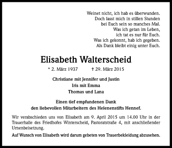 Anzeige von Elisabeth Walterscheid von Kölner Stadt-Anzeiger / Kölnische Rundschau / Express