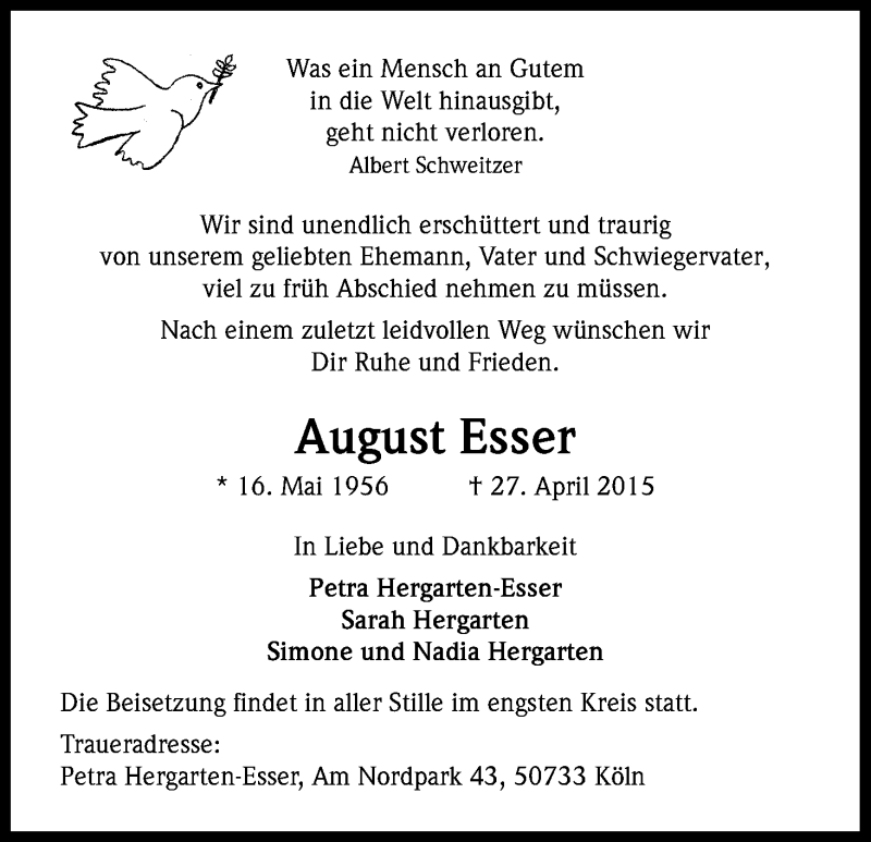  Traueranzeige für August Esser vom 13.05.2015 aus Kölner Stadt-Anzeiger / Kölnische Rundschau / Express