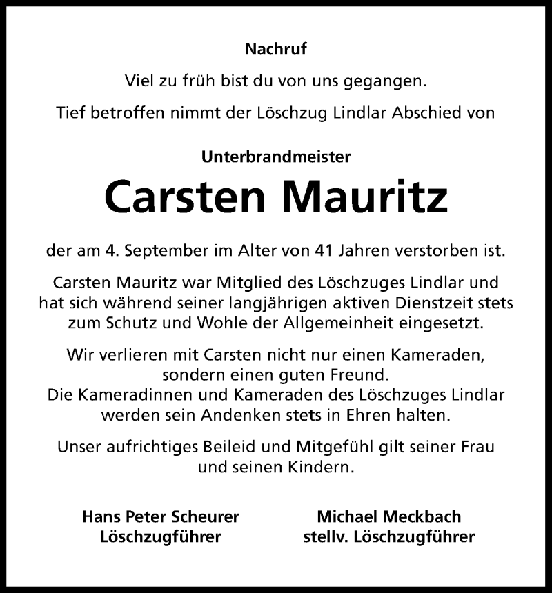  Traueranzeige für Carsten Mauritz vom 12.09.2015 aus Kölner Stadt-Anzeiger / Kölnische Rundschau / Express