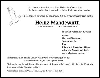 Anzeige von Heinz Mandewirth von Kölner Stadt-Anzeiger / Kölnische Rundschau / Express
