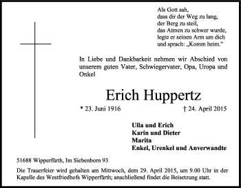 Anzeige von Erich Huppertz von Kölner Stadt-Anzeiger / Kölnische Rundschau / Express