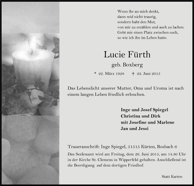  Traueranzeige für Lucie Fürth vom 24.06.2015 aus Kölner Stadt-Anzeiger / Kölnische Rundschau / Express