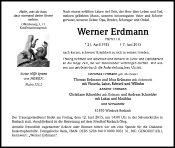 Anzeige von Werner Erdmannn von Kölner Stadt-Anzeiger / Kölnische Rundschau / Express