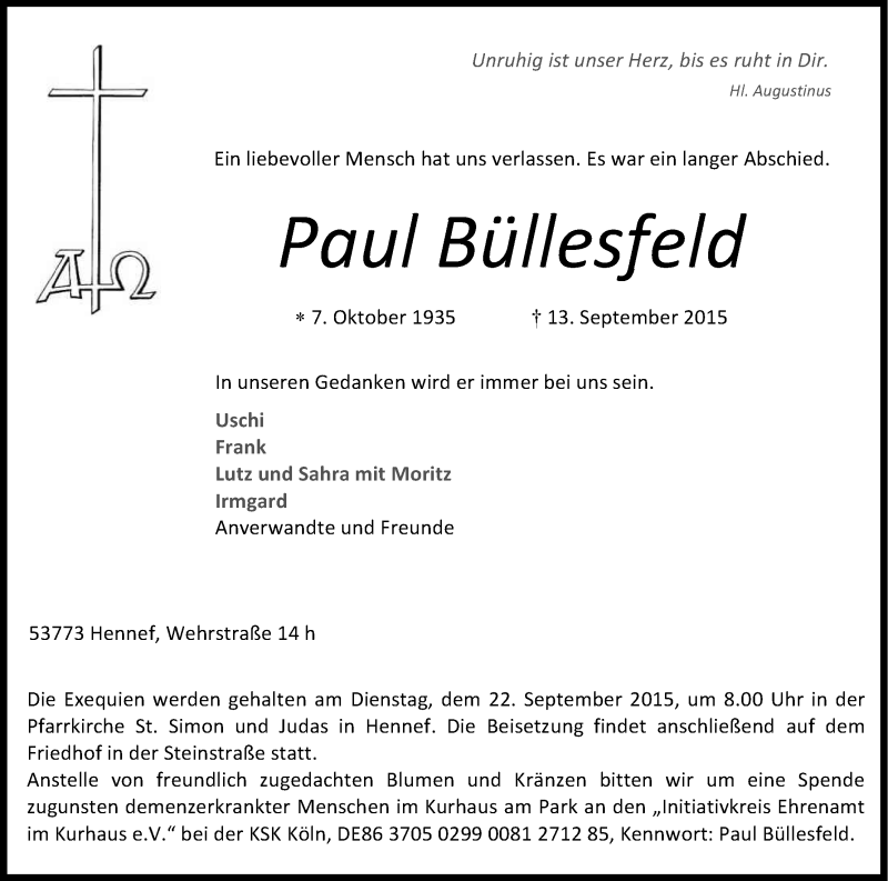  Traueranzeige für Paul Büllesfeld vom 17.09.2015 aus Kölner Stadt-Anzeiger / Kölnische Rundschau / Express