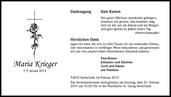 Anzeige von Maria Krieger von Kölner Stadt-Anzeiger / Kölnische Rundschau / Express