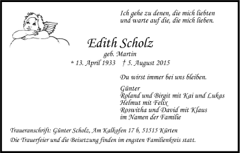 Anzeige von Edith Scholz von Kölner Stadt-Anzeiger / Kölnische Rundschau / Express
