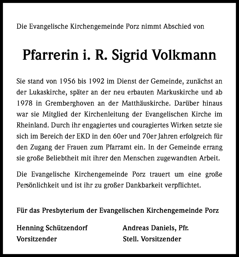  Traueranzeige für Sigrid Volkmann vom 27.06.2015 aus Kölner Stadt-Anzeiger / Kölnische Rundschau / Express