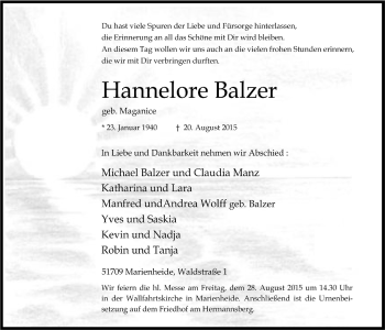Anzeige von Hannelore Balzer von  Anzeigen Echo 