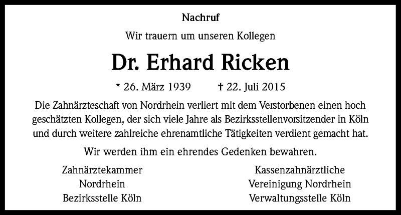  Traueranzeige für Erhard Ricken vom 01.08.2015 aus Kölner Stadt-Anzeiger / Kölnische Rundschau / Express