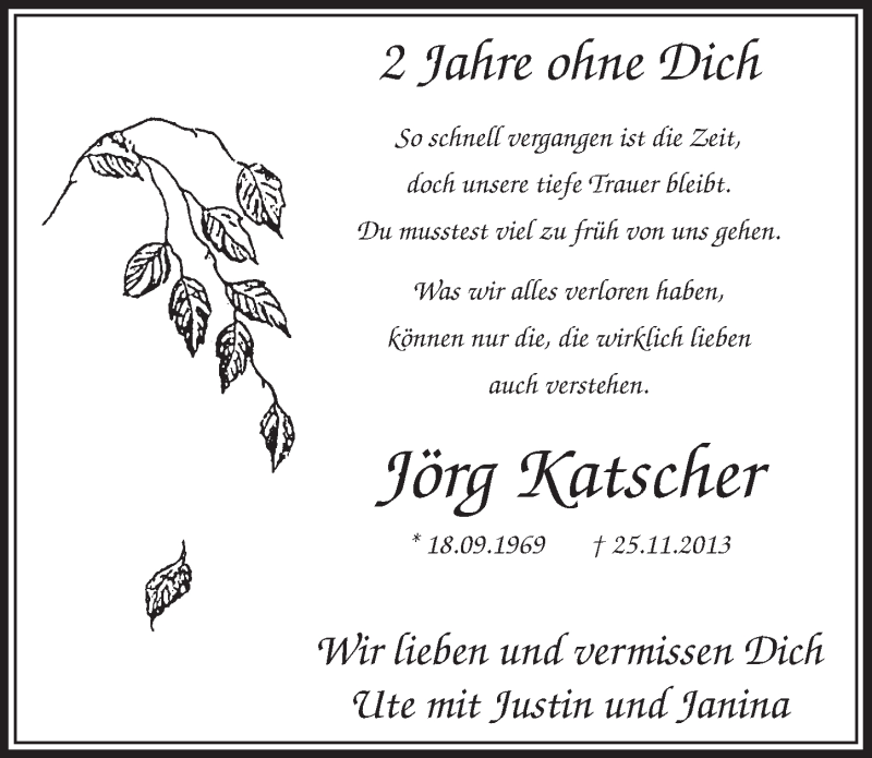  Traueranzeige für Jörg Katscher vom 21.11.2015 aus  Sonntags-Post 