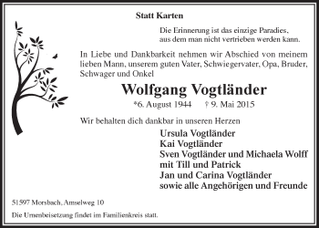 Anzeige von Wolfgang Vogtländer von  Lokalanzeiger 