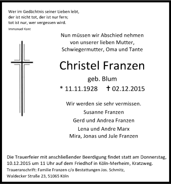 Anzeige von Christel Franzen von Kölner Stadt-Anzeiger / Kölnische Rundschau / Express