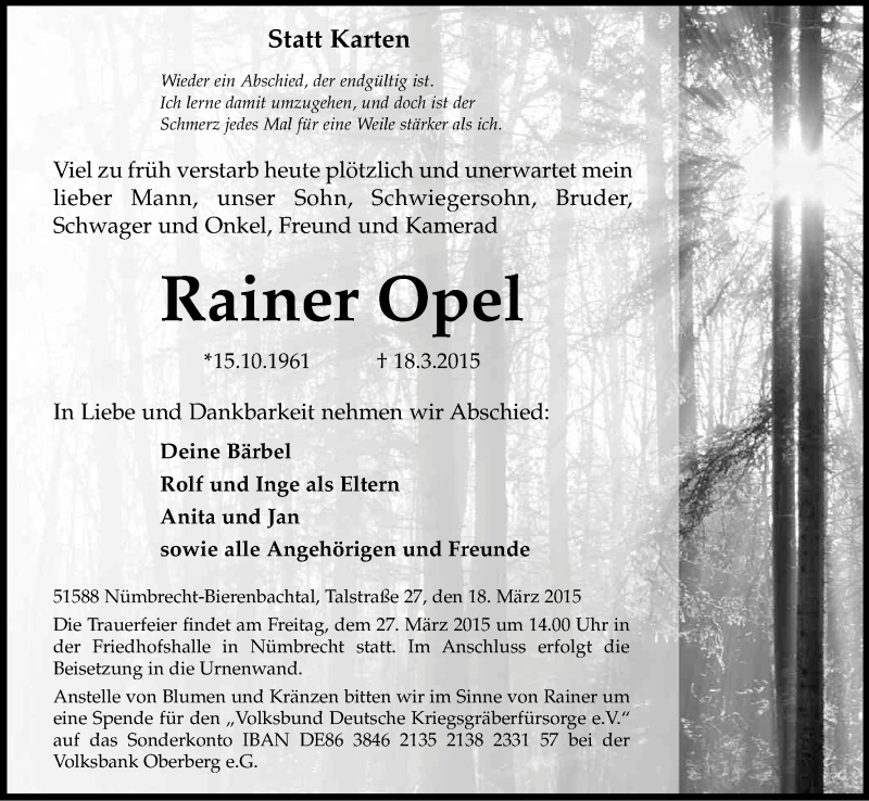  Traueranzeige für Rainer Opel vom 24.03.2015 aus Kölner Stadt-Anzeiger / Kölnische Rundschau / Express