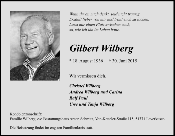 Anzeige von Gilbert Wilberg von Kölner Stadt-Anzeiger / Kölnische Rundschau / Express