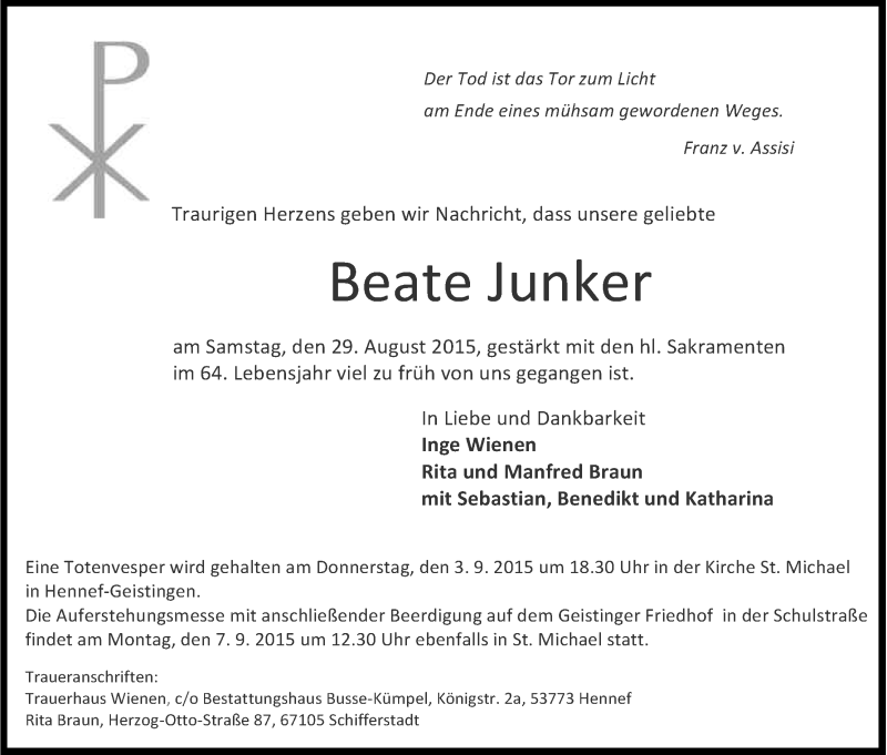  Traueranzeige für Beate Junker vom 02.09.2015 aus Kölner Stadt-Anzeiger / Kölnische Rundschau / Express