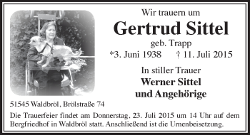 Anzeige von Gertrud Sittel von  Lokalanzeiger 