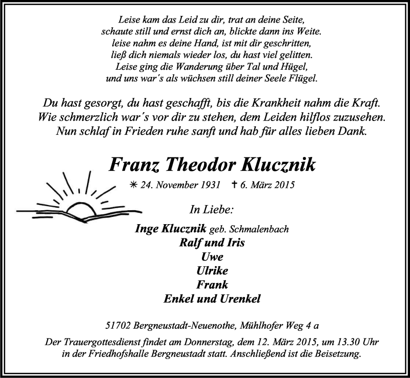  Traueranzeige für Franz Theodor Klucznik vom 09.03.2015 aus Kölner Stadt-Anzeiger / Kölnische Rundschau / Express
