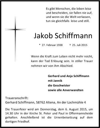 Anzeige von Jakob Schiffmann von Kölner Stadt-Anzeiger / Kölnische Rundschau / Express