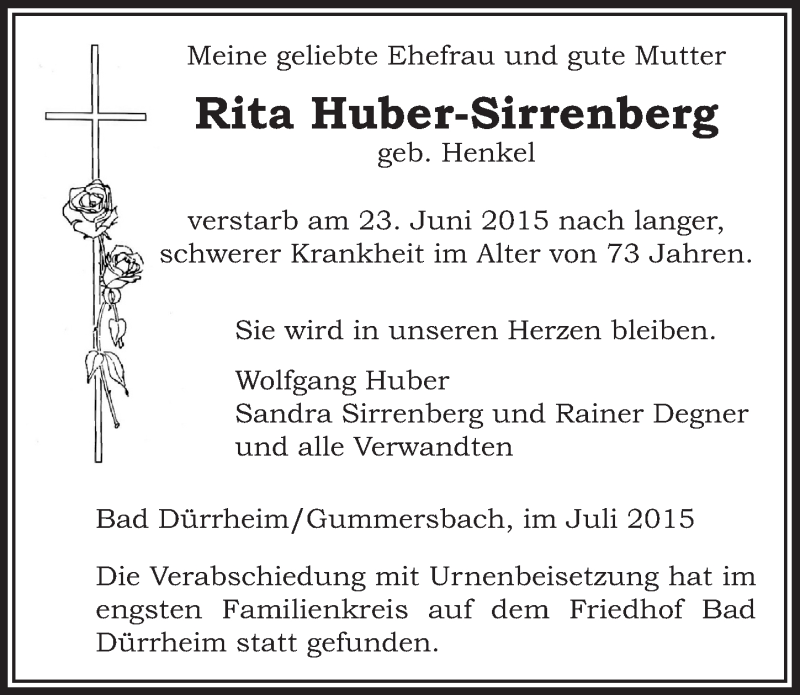  Traueranzeige für Rita Huber-Sirrenberg vom 29.07.2015 aus  Anzeigen Echo 