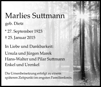 Anzeige von Marlies Suttmann von Kölner Stadt-Anzeiger / Kölnische Rundschau / Express