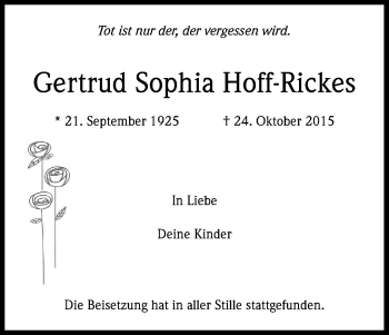 Anzeige von Gertrud Sophia Hoff-Rickes von Kölner Stadt-Anzeiger / Kölnische Rundschau / Express