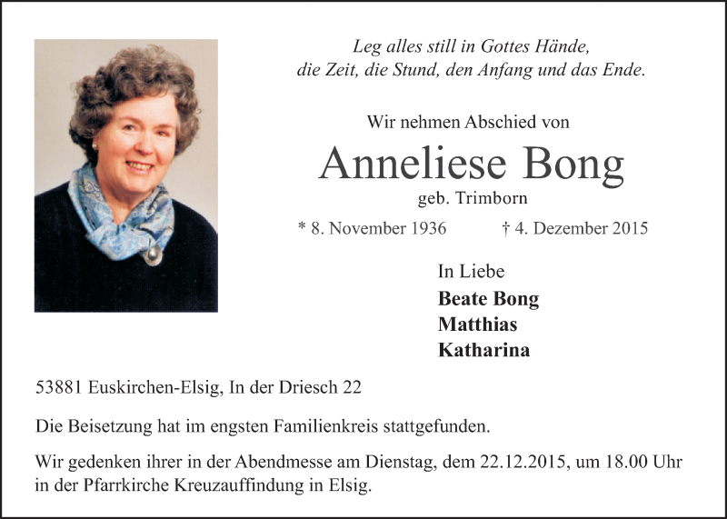  Traueranzeige für Anneliese Bong vom 13.12.2015 aus  Blickpunkt Euskirchen 