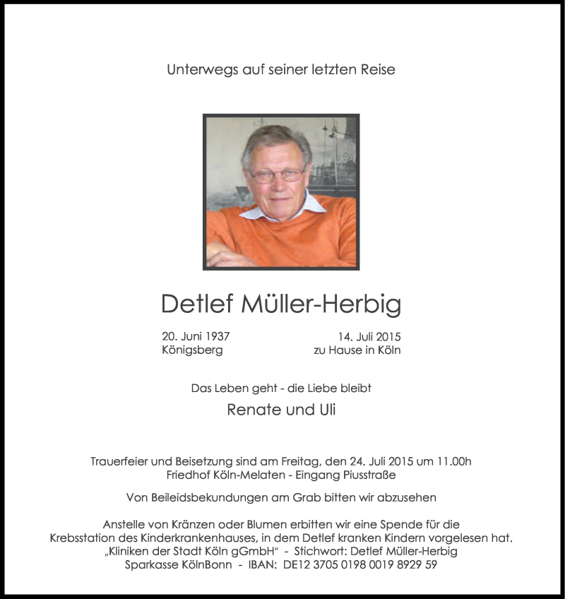  Traueranzeige für Detlef Müller-Herbig vom 18.07.2015 aus Kölner Stadt-Anzeiger / Kölnische Rundschau / Express