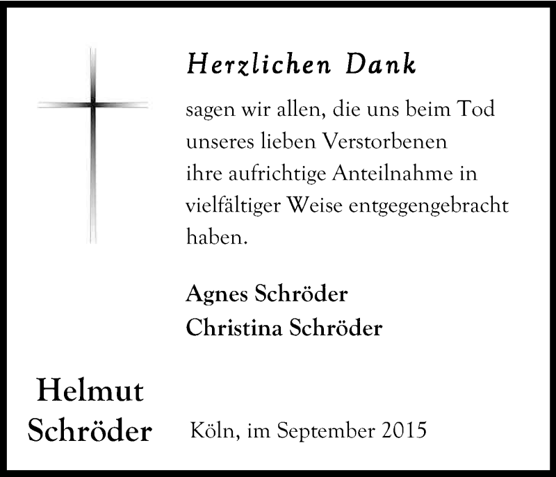  Traueranzeige für Helmut Schröder vom 19.09.2015 aus Kölner Stadt-Anzeiger / Kölnische Rundschau / Express