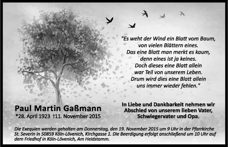  Traueranzeige für Paul Martin Gaßmann vom 14.11.2015 aus Köln - Wir Trauern