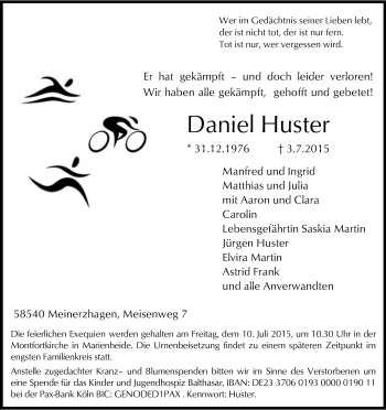 Anzeige von Daniel Huster von Kölner Stadt-Anzeiger / Kölnische Rundschau / Express