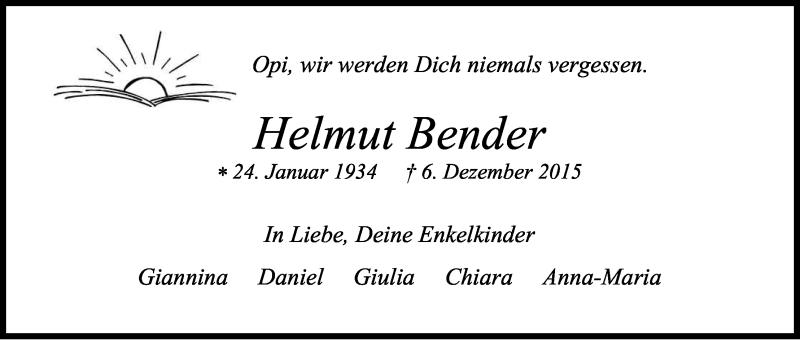  Traueranzeige für Helmut Bender vom 12.12.2015 aus Kölner Stadt-Anzeiger / Kölnische Rundschau / Express