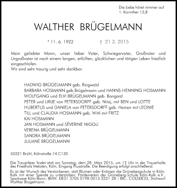 Anzeige von Walther Brügelmann von Kölner Stadt-Anzeiger / Kölnische Rundschau / Express