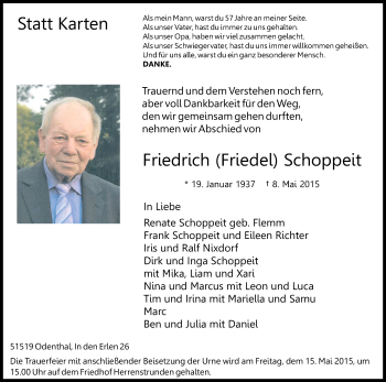 Anzeige von Friedrich Schoppeit von Kölner Stadt-Anzeiger / Kölnische Rundschau / Express