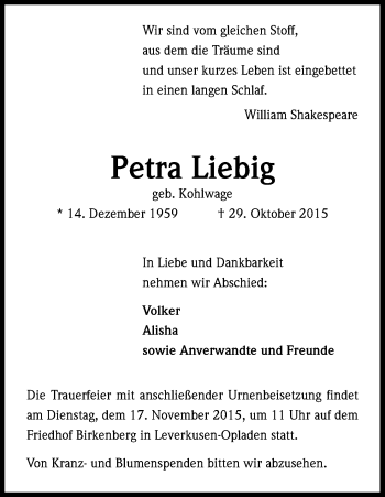 Anzeige von Petra Liebig von Kölner Stadt-Anzeiger / Kölnische Rundschau / Express