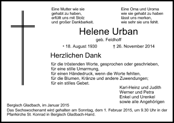 Anzeige von Helene Urban von Kölner Stadt-Anzeiger / Kölnische Rundschau / Express
