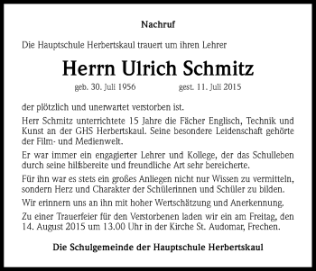 Anzeige von Ulrich Schmitz von Kölner Stadt-Anzeiger / Kölnische Rundschau / Express
