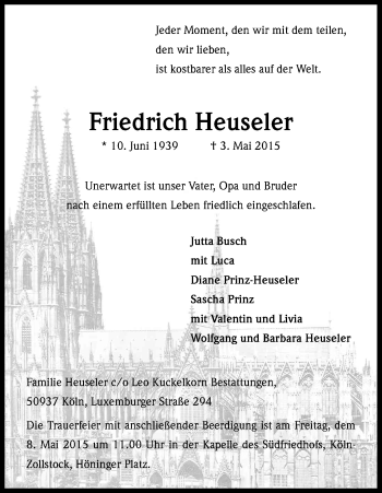 Anzeige von Friedrich Heuseler von Kölner Stadt-Anzeiger / Kölnische Rundschau / Express